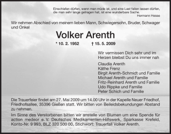 Traueranzeige von Volker Arenth von TRIERISCHER VOLKSFREUND