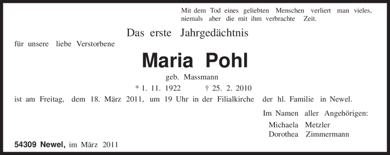  Traueranzeige für Maria Pohl vom 12.03.2011 aus TRIERISCHER VOLKSFREUND
