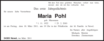 Traueranzeige von Maria Pohl von TRIERISCHER VOLKSFREUND