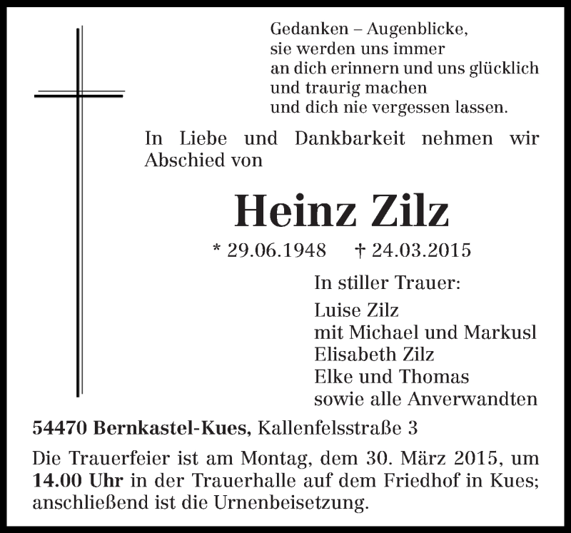  Traueranzeige für Heinz Zilz vom 26.03.2015 aus trierischer_volksfreund