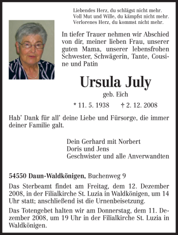 Traueranzeige von Ursula July von TRIERISCHER VOLKSFREUND