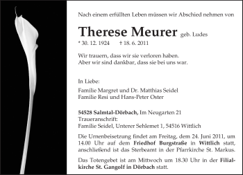 Traueranzeige von Therese Meurer von TRIERISCHER VOLKSFREUND