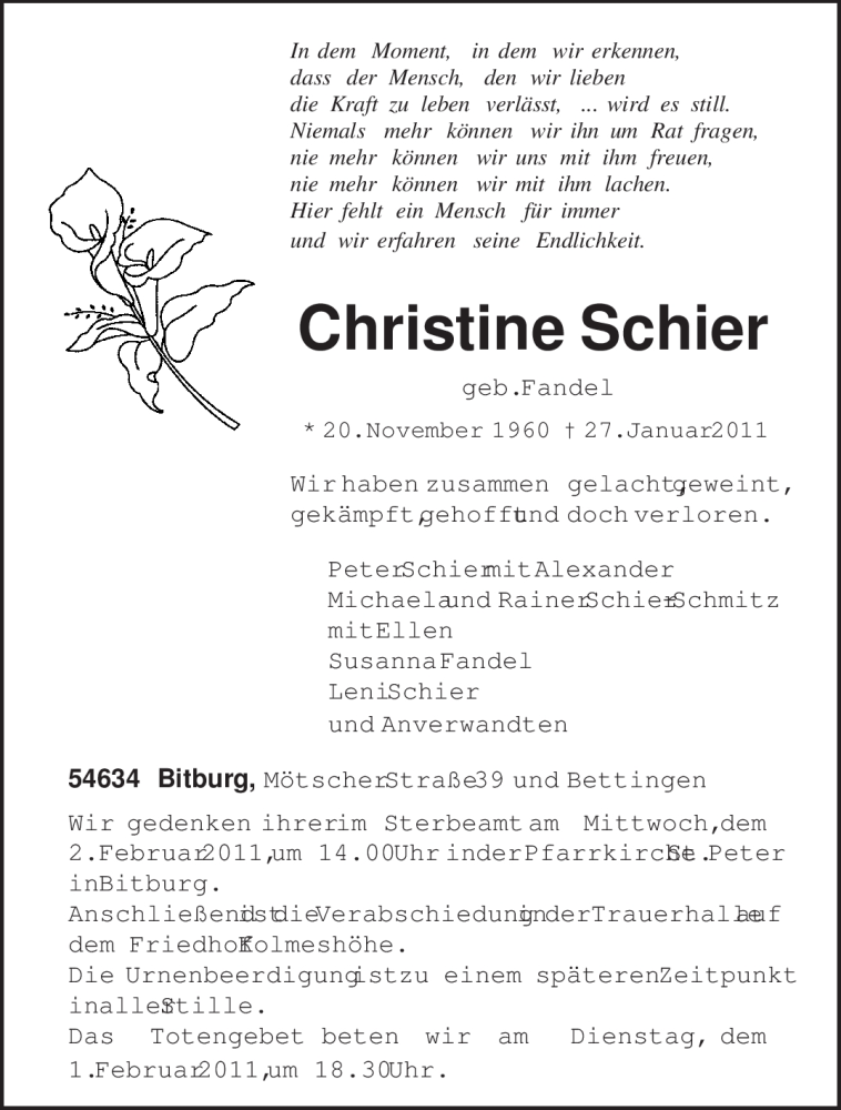  Traueranzeige für Christine Schier vom 29.01.2011 aus TRIERISCHER VOLKSFREUND