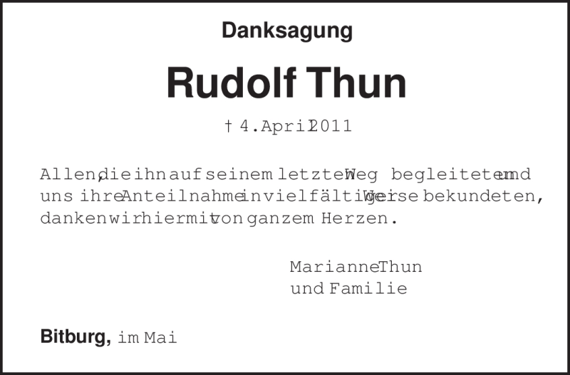  Traueranzeige für Rudolf Thun vom 07.05.2011 aus TRIERISCHER VOLKSFREUND