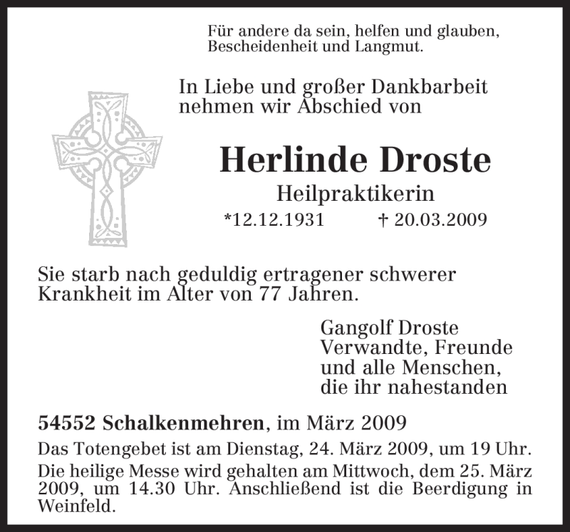  Traueranzeige für Herlinde Droste vom 23.03.2009 aus TRIERISCHER VOLKSFREUND