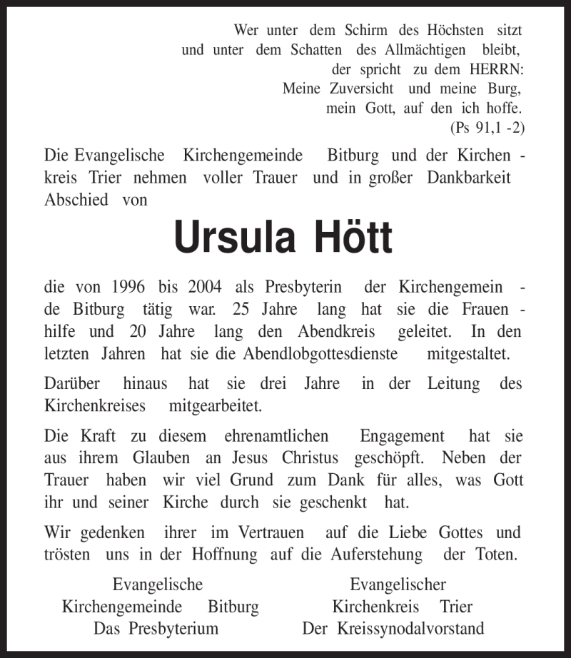  Traueranzeige für Ursula Hött vom 27.05.2010 aus TRIERISCHER VOLKSFREUND