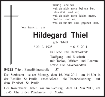 Traueranzeige von Hildegard Thiel von TRIERISCHER VOLKSFREUND
