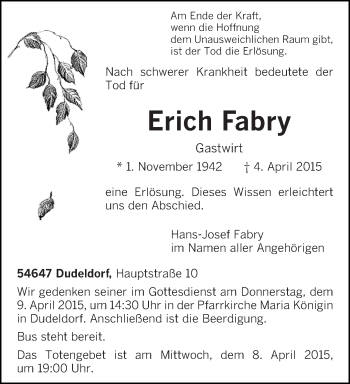 Traueranzeige von Erich Fabry von trierischer_volksfreund