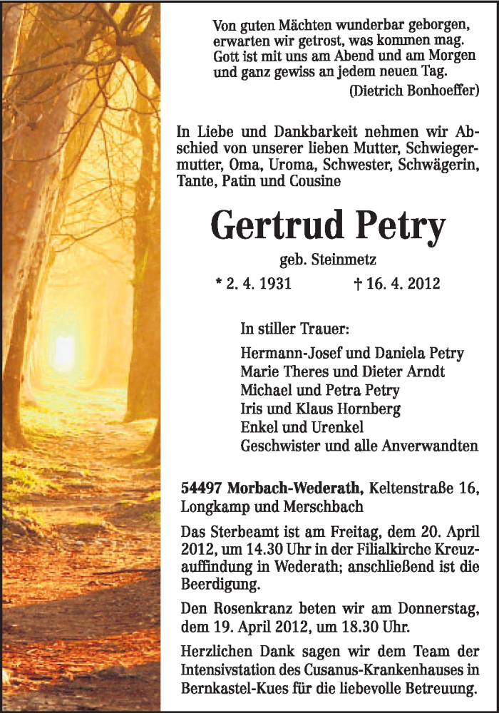  Traueranzeige für Gertrud Petry vom 18.04.2012 aus TRIERISCHER VOLKSFREUND