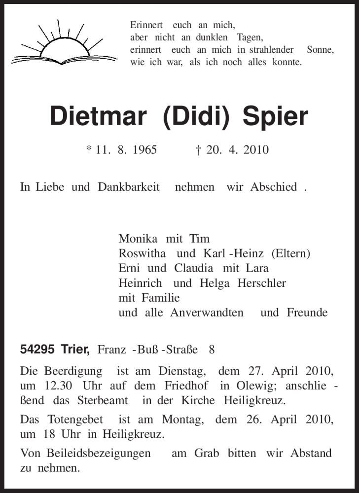  Traueranzeige für Dietmar Spier vom 24.04.2010 aus TRIERISCHER VOLKSFREUND