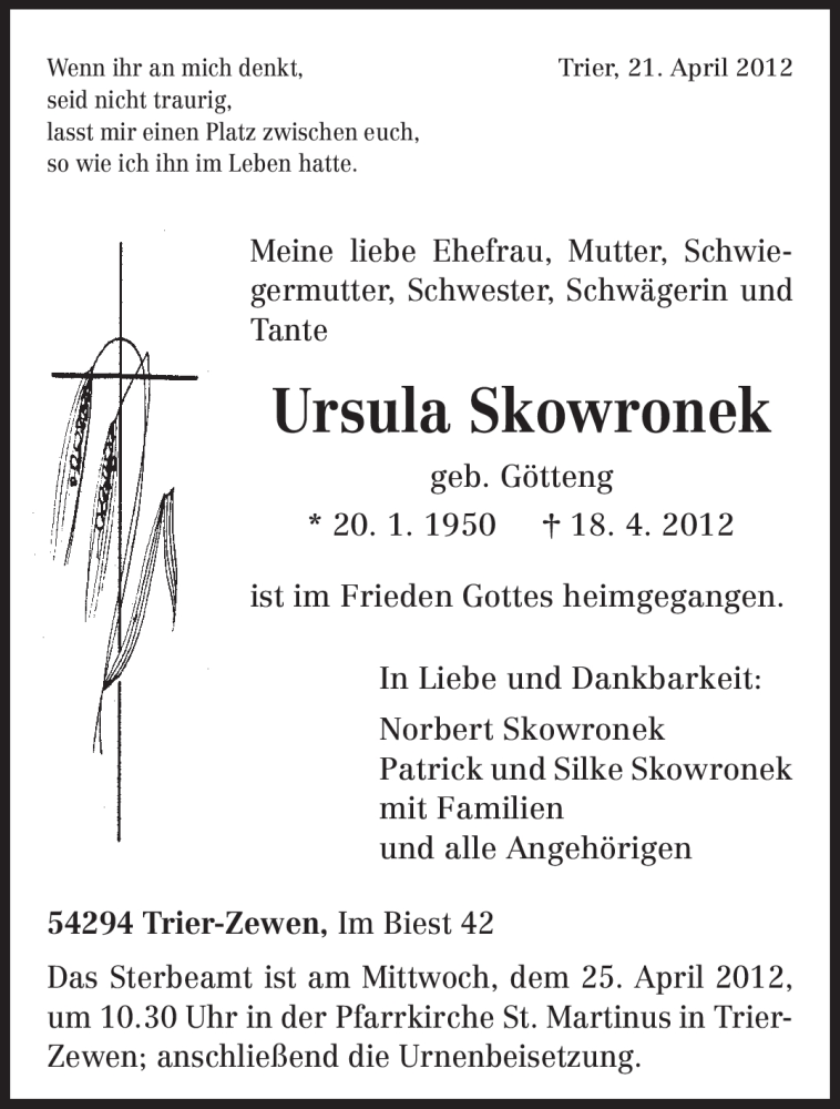  Traueranzeige für Ursula Skowronek vom 21.04.2012 aus TRIERISCHER VOLKSFREUND