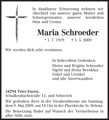 Traueranzeige von Maria Schroeder von TRIERISCHER VOLKSFREUND