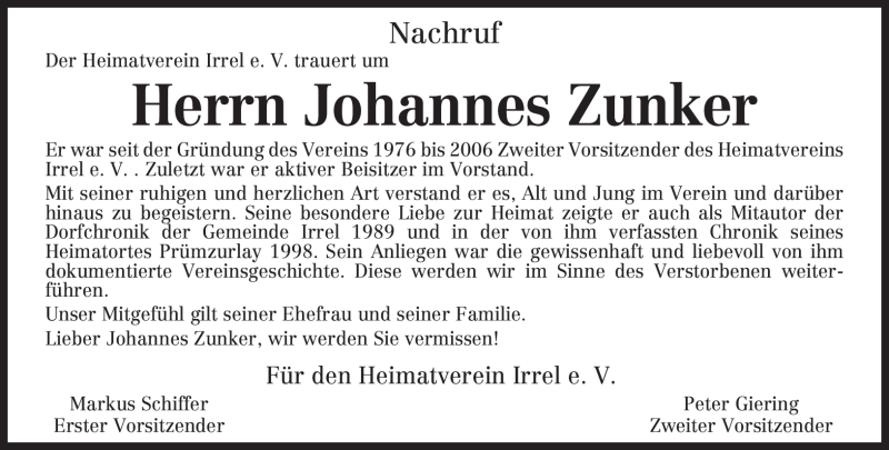  Traueranzeige für Johannes Zunker vom 15.07.2009 aus TRIERISCHER VOLKSFREUND