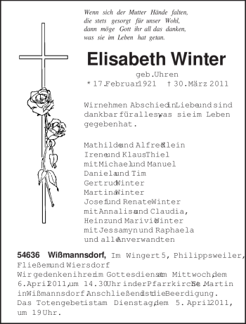 Traueranzeige von Elisabeth Winter von TRIERISCHER VOLKSFREUND