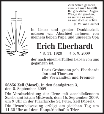 Traueranzeige von Erich Eberhardt von TRIERISCHER VOLKSFREUND
