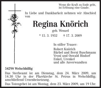 Traueranzeige von Regina Knörich von TRIERISCHER VOLKSFREUND