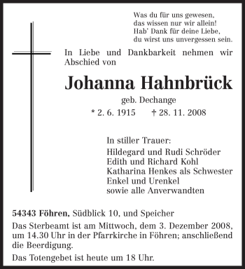 Traueranzeige von Johanna Hahnbrück von TRIERISCHER VOLKSFREUND