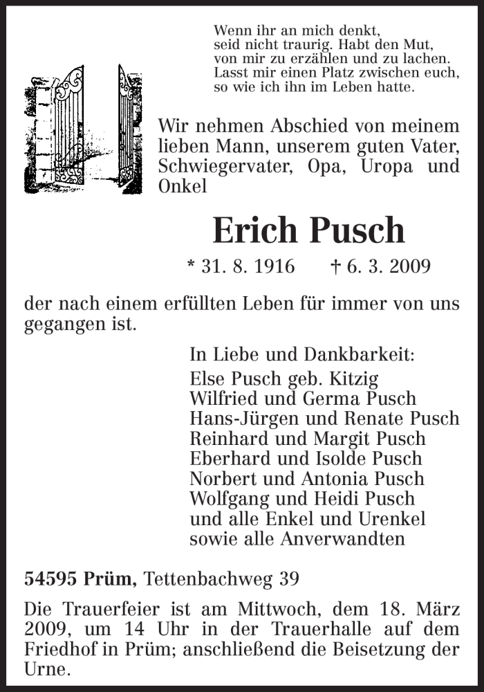  Traueranzeige für Erich Pusch vom 13.03.2009 aus TRIERISCHER VOLKSFREUND