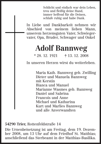 Traueranzeige von Adolf Bannweg von TRIERISCHER VOLKSFREUND