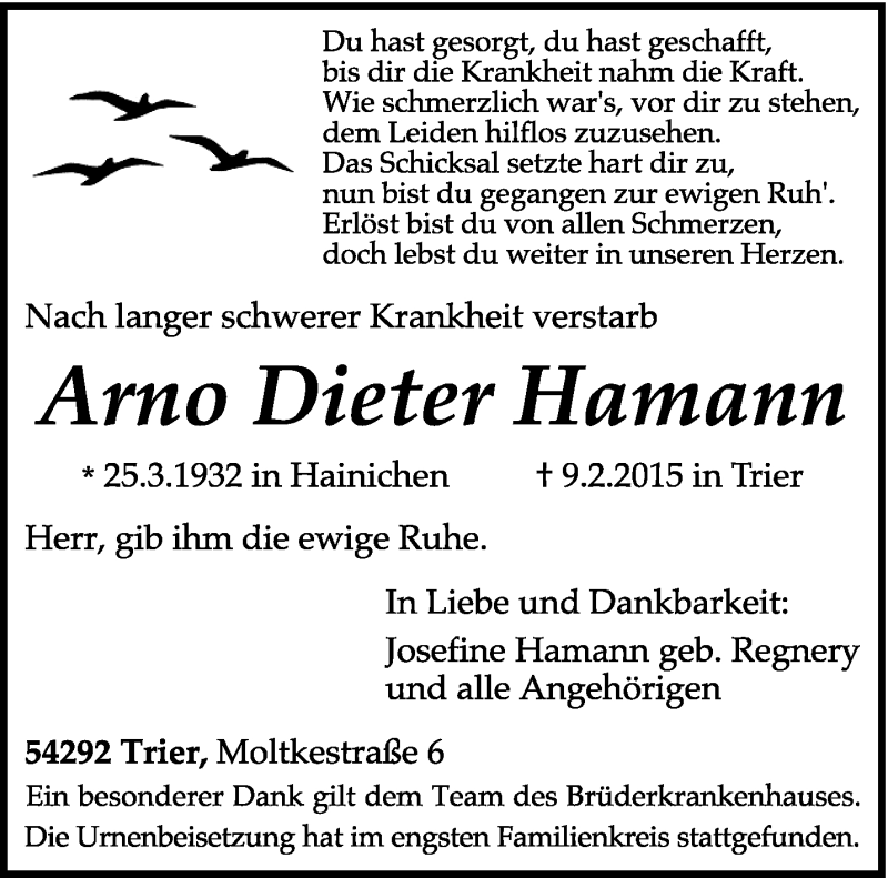  Traueranzeige für Arno Dieter Hamann vom 19.02.2015 aus trierischer_volksfreund