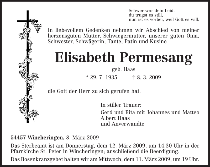  Traueranzeige für Elisabeth Permesang vom 10.03.2009 aus TRIERISCHER VOLKSFREUND