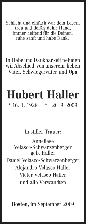 Traueranzeige von Hubert Haller von TRIERISCHER VOLKSFREUND
