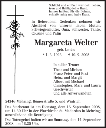 Traueranzeige von Margareta Welter von TRIERISCHER VOLKSFREUND