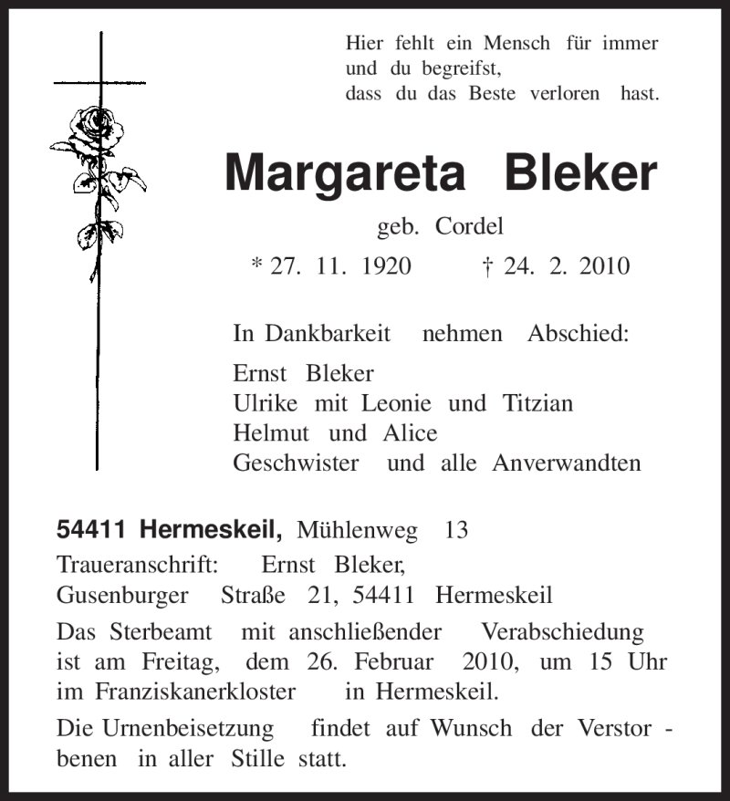  Traueranzeige für Margareta Bleker vom 25.02.2010 aus TRIERISCHER VOLKSFREUND