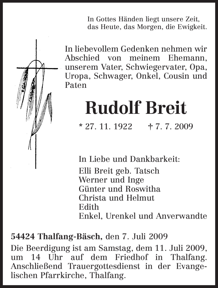  Traueranzeige für Rudolf Breit vom 09.07.2009 aus TRIERISCHER VOLKSFREUND