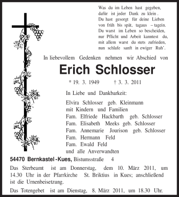 Traueranzeige von Erich Schlosser von TRIERISCHER VOLKSFREUND