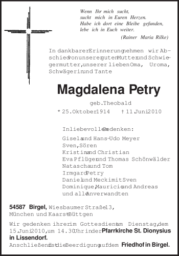 Traueranzeige von Magdalena Petry von TRIERISCHER VOLKSFREUND