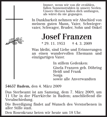 Traueranzeige von Josef Franzen von TRIERISCHER VOLKSFREUND