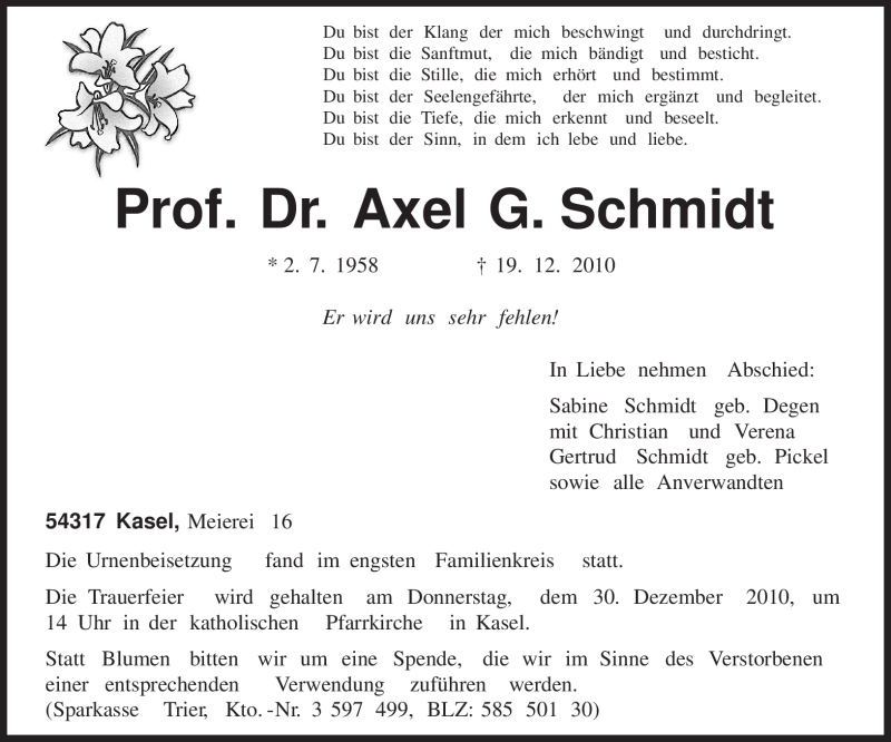  Traueranzeige für Axel G. Schmidt vom 24.12.2010 aus TRIERISCHER VOLKSFREUND