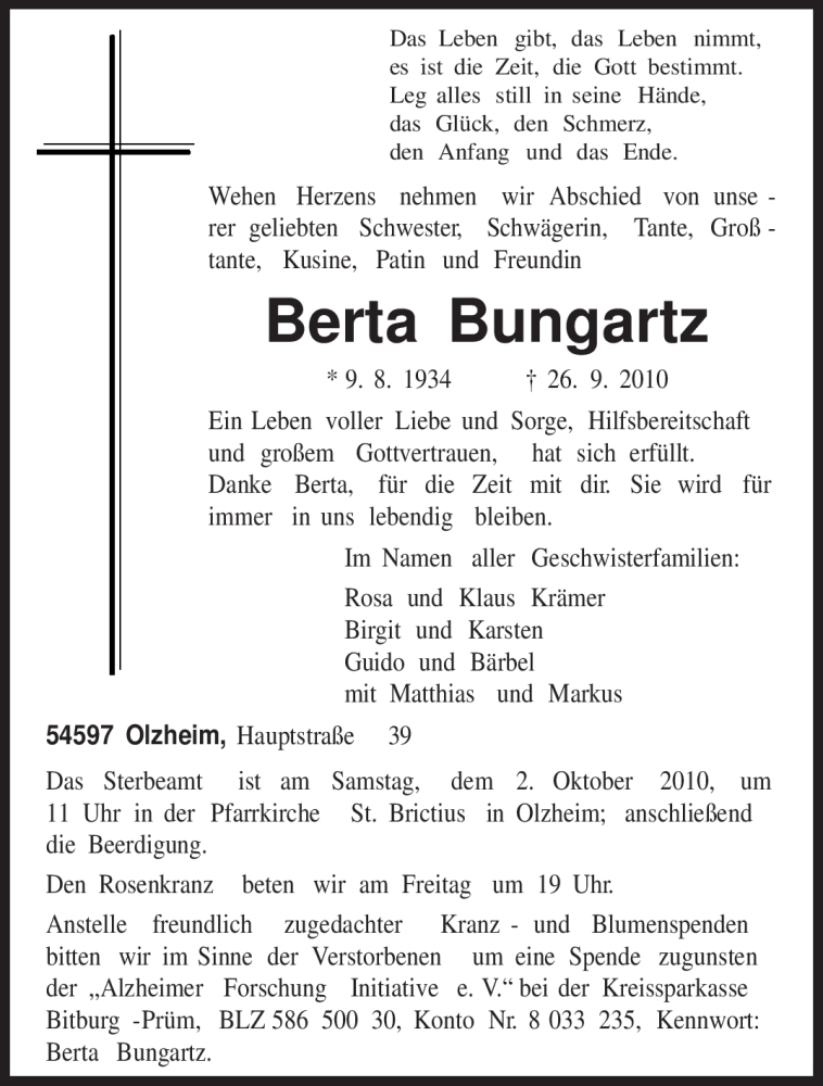  Traueranzeige für Berta Bungartz vom 29.09.2010 aus TRIERISCHER VOLKSFREUND