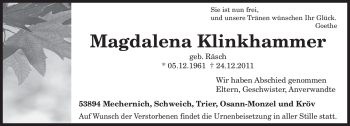 Traueranzeige von Magdalena Klinkhammer von TRIERISCHER VOLKSFREUND