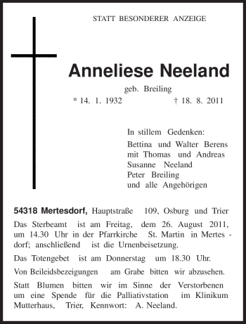 Traueranzeige von Anneliese Neeland von TRIERISCHER VOLKSFREUND