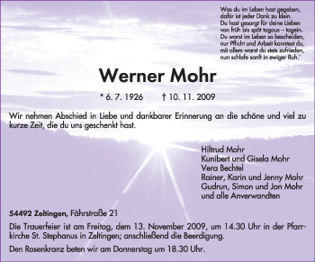 Traueranzeige von Werner Mohr von TRIERISCHER VOLKSFREUND