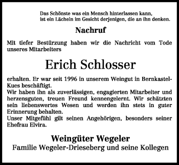 Traueranzeige von Erich Schlosser von TRIERISCHER VOLKSFREUND