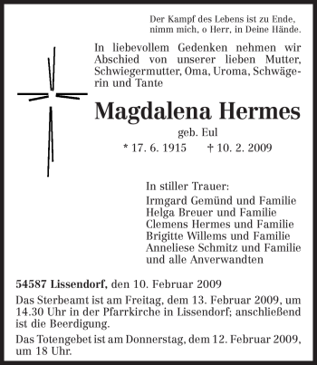 Traueranzeige von Magdalena Hermes von TRIERISCHER VOLKSFREUND