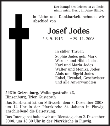 Traueranzeige von Josef Jodes von TRIERISCHER VOLKSFREUND