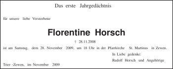 Traueranzeige von Florentine Horsch von TRIERISCHER VOLKSFREUND