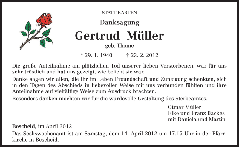  Traueranzeige für Gertrud Müller vom 04.04.2012 aus TRIERISCHER VOLKSFREUND