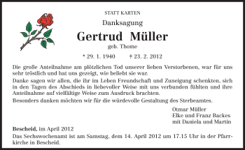 Traueranzeige von Gertrud Müller von TRIERISCHER VOLKSFREUND