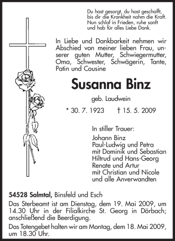 Traueranzeige von Susanna Binz von TRIERISCHER VOLKSFREUND