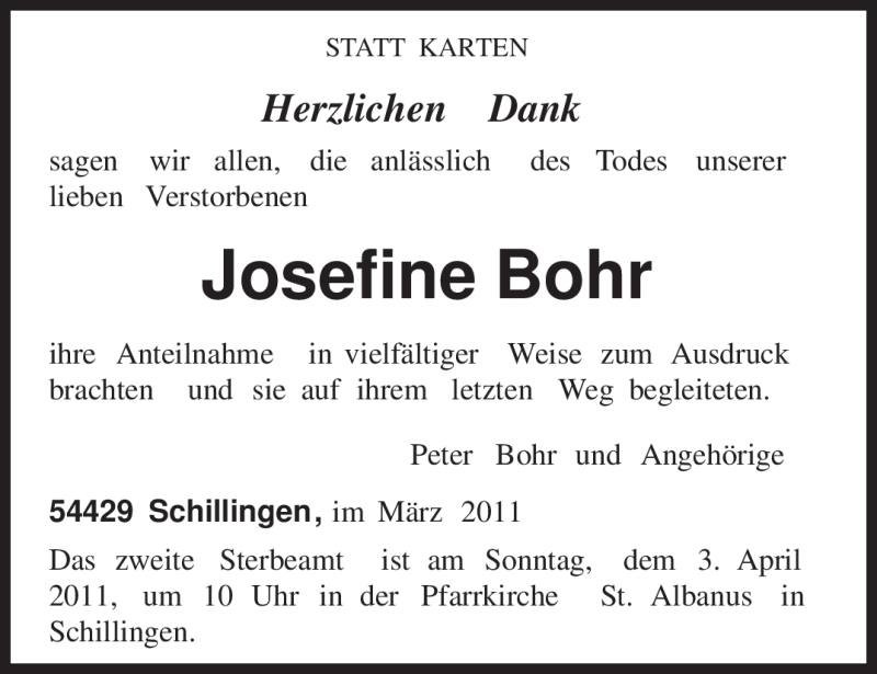  Traueranzeige für Josefine Bohr vom 30.03.2011 aus TRIERISCHER VOLKSFREUND