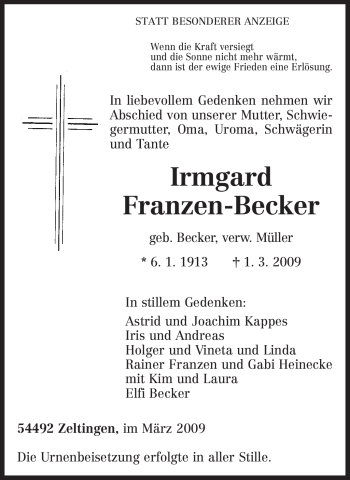 Traueranzeige von Irmgard Franzen-Becker von TRIERISCHER VOLKSFREUND