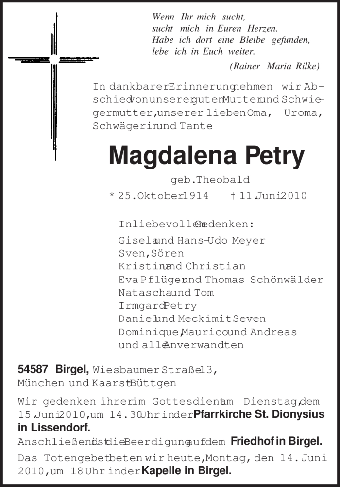 Traueranzeige für Magdalena Petry vom 14.06.2010 aus TRIERISCHER VOLKSFREUND