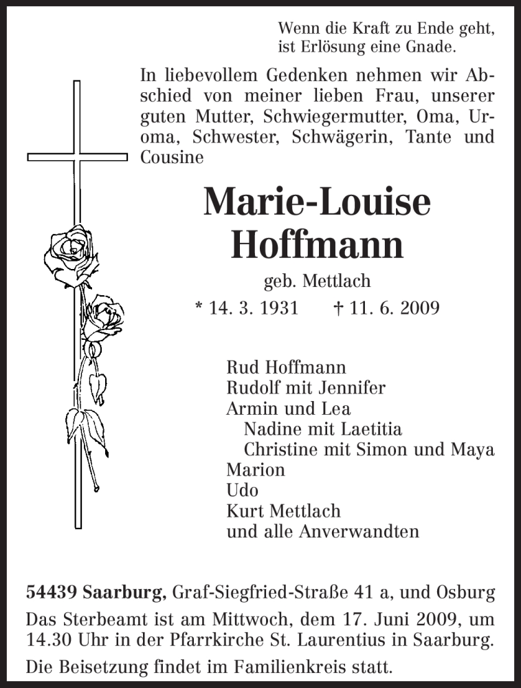  Traueranzeige für Marie-Louise Hoffmann vom 13.06.2009 aus TRIERISCHER VOLKSFREUND