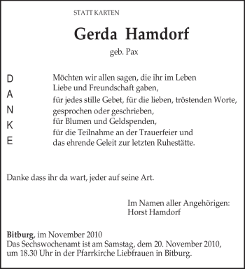 Traueranzeige von Gerda Hamdorf von TRIERISCHER VOLKSFREUND