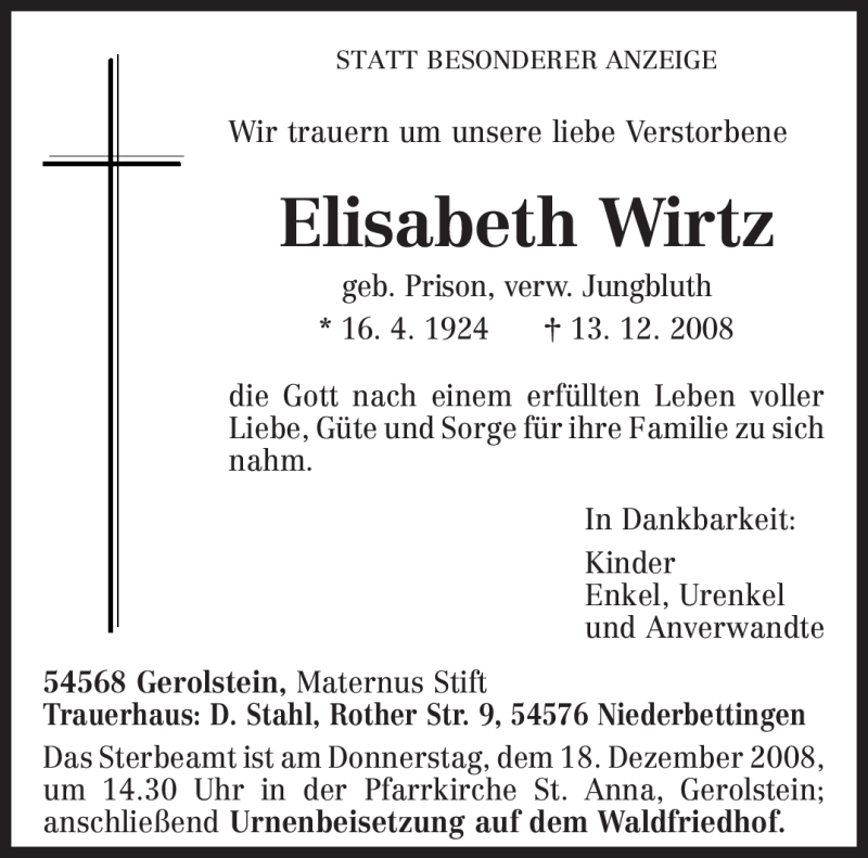 Traueranzeige für Elisabeth Wirtz vom 16.12.2008 aus TRIERISCHER VOLKSFREUND